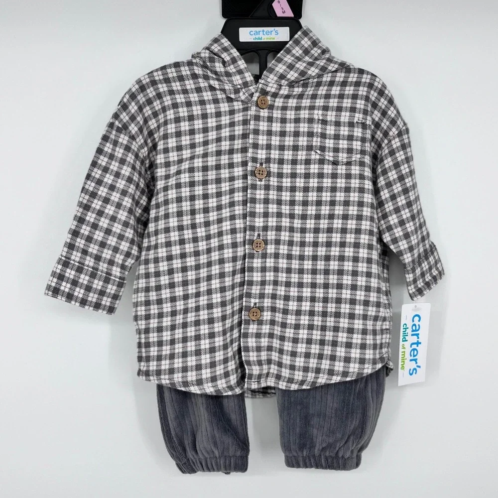 Carter's Child of Mine 2pc Outfit Set Boys 0-3M Grey Plaid Hooded Shirt Pants